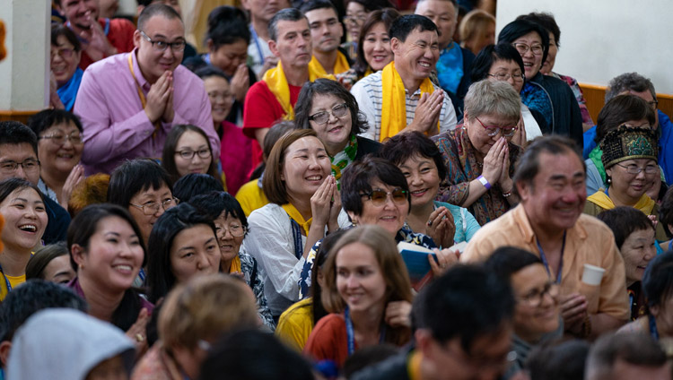 Members of the audience listening to His Holiness the Dalai Lama as he concludes the final day of teachings requested by Russian Buddhists at the Main Tibetan Temple in Dharamsala, HP, India on May 12, 2019. Photo by Lobsang Tsering Members of the audience listening to His Holiness the Dalai Lama as he concludes the final day of teachings requested by Russian Buddhists at the Main Tibetan Temple in Dharamsala, HP, India on May 12, 2019. Photo by Lobsang Tsering