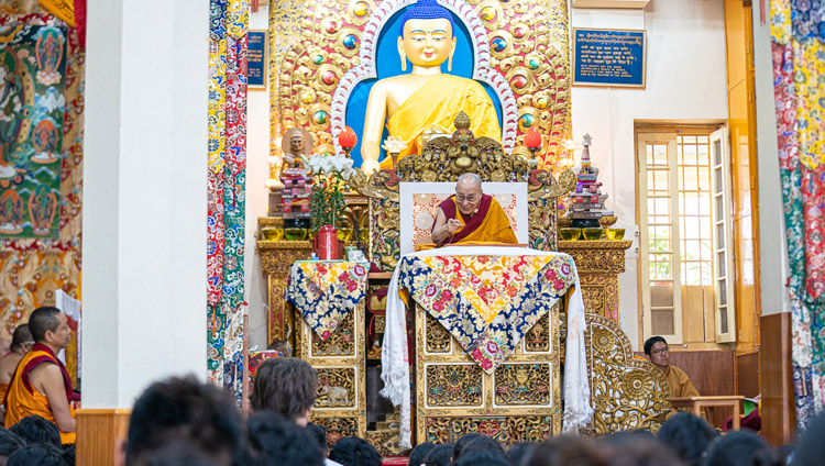 His Holiness the Dalai Lama addressing Tibetan students sitting in the Main Tibetan Temple during his teaching for young Tibetans in Dharamsala, HP, India on June 3, 2019. Photo by Tenzin Choejor His Holiness the Dalai Lama addressing Tibetan students sitting in the Main Tibetan Temple during his teaching for young Tibetans in Dharamsala, HP, India on June 3, 2019. Photo by Tenzin Choejor