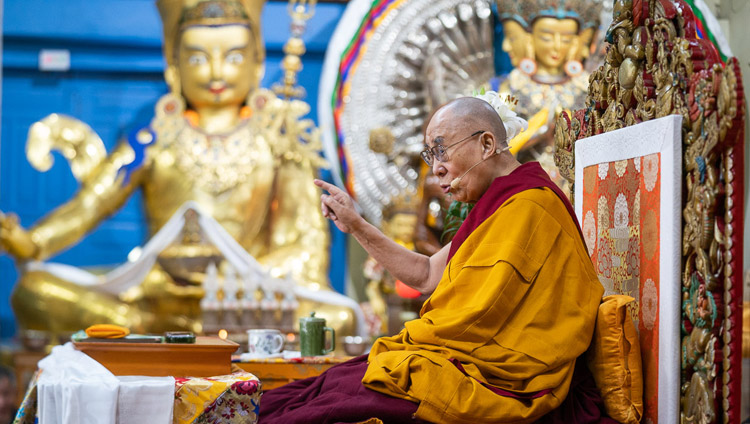 His Holiness the Dalai Lama during his teaching for young Tibetans at the Main Tibetan Temple in Dharamsala, HP, India on June 3, 2019. Photo by Tenzin Choejor His Holiness the Dalai Lama during his teaching for young Tibetans at the Main Tibetan Temple in Dharamsala, HP, India on June 3, 2019. Photo by Tenzin Choejor