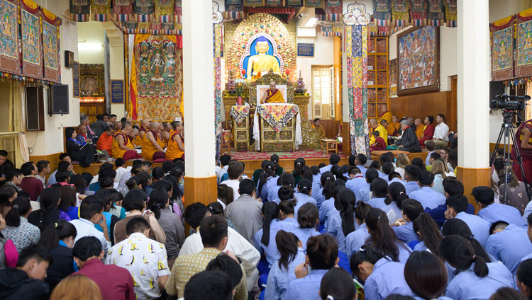 A view of the Main Tibetan Temple filled with some of the 1200 Tibetan students attending His Holiness the Dalai Lama's teaching for young Tibetans in Dharamsala, HP, India on June 3, 2019. Photo by Tenzin Choejor A view of the Main Tibetan Temple filled with some of the 1200 Tibetan students attending His Holiness the Dalai Lama's teaching for young Tibetans in Dharamsala, HP, India on June 3, 2019. Photo by Tenzin Choejor