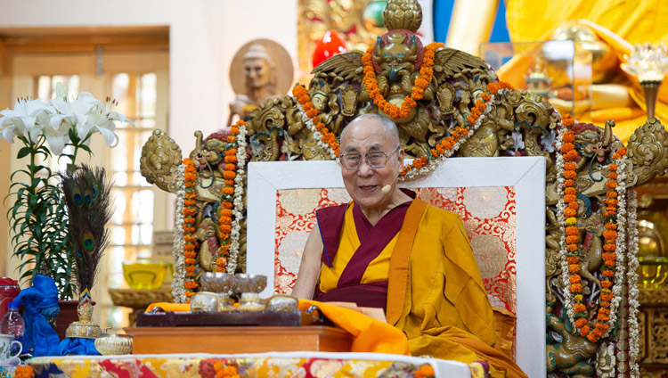 His Holiness the Dalai Lama addressing the crowd from the teaching throne in the Main Tibetan Temple in Dharamsala, HP, India on June 5, 2019. Photo by Lobsang Tsering His Holiness the Dalai Lama addressing the crowd from the teaching throne in the Main Tibetan Temple in Dharamsala, HP, India on June 5, 2019. Photo by Lobsang Tsering