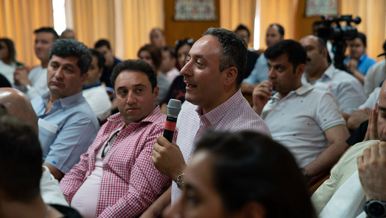 A member of the audience asking His Holiness the Dalai Lama during his meeting with members of a group from Iran at his residence in Dharamsala, HP, India on June 7, 2019. Photo by Tenzin Choejor A member of the audience asking His Holiness the Dalai Lama during his meeting with members of a group from Iran at his residence in Dharamsala, HP, India on June 7, 2019. Photo by Tenzin Choejor