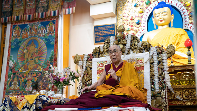 His Holiness the Dalai Lama addressing the gathering during the Long Life Offering ceremony at the Main Tibetan Temple in Dharamsala, HP, India on July 5, 2019. Photo by Tenzin Choejor His Holiness the Dalai Lama addressing the gathering during the Long Life Offering ceremony at the Main Tibetan Temple in Dharamsala, HP, India on July 5, 2019. Photo by Tenzin Choejor