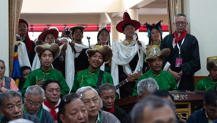 Members of the Tibetan Institute of Performing Arts performing a song of praise and appreciation at the end of the Long Life Offering ceremony for His Holiness the Dalai Lama at the Main Tibetan Temple in Dharamsala, HP, India on July 5, 2019. Photo by Tenzin Choejor Members of the Tibetan Institute of Performing Arts performing a song of praise and appreciation at the end of the Long Life Offering ceremony for His Holiness the Dalai Lama at the Main Tibetan Temple in Dharamsala, HP, India on July 5, 2019. Photo by Tenzin Choejor