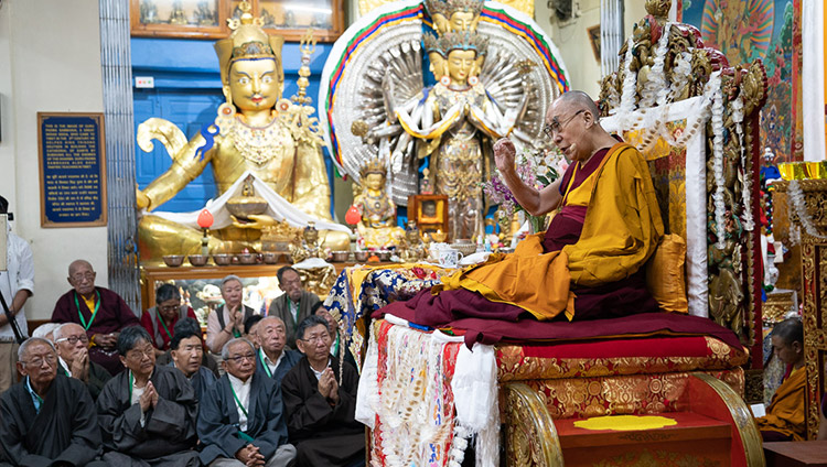 His Holiness the Dalai Lama speaking near the end of the Long Life Offering ceremony at the Main Tibetan Temple in Dharamsala, HP, India on July 5, 2019. Photo by Tenzin Choejor His Holiness the Dalai Lama speaking near the end of the Long Life Offering ceremony at the Main Tibetan Temple in Dharamsala, HP, India on July 5, 2019. Photo by Tenzin Choejor