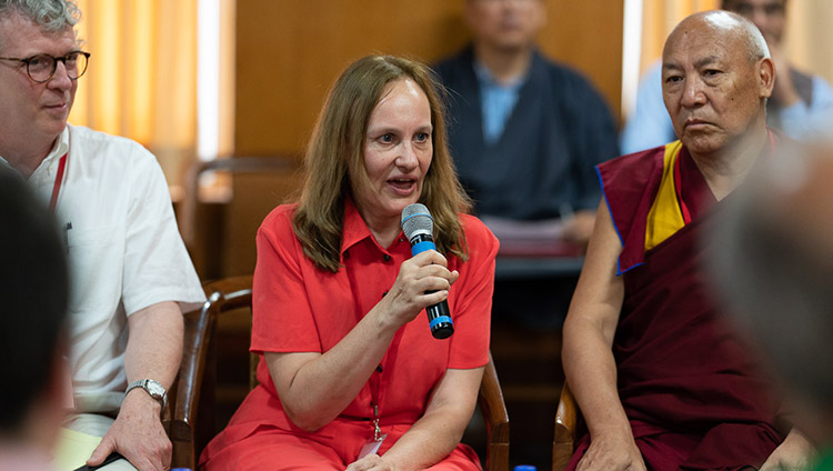 Project Coordinato Margarita Kozhevnikova introducing the the conference on Human Education in the Third Millennium to His Holiness the Dalai Lama and observers at his residence in Dharamsala, HP, India on July 8, 2019. Photo by Tenzin Choejor Project Coordinato Margarita Kozhevnikova introducing the the conference on Human Education in the Third Millennium to His Holiness the Dalai Lama and observers at his residence in Dharamsala, HP, India on July 8, 2019. Photo by Tenzin Choejor