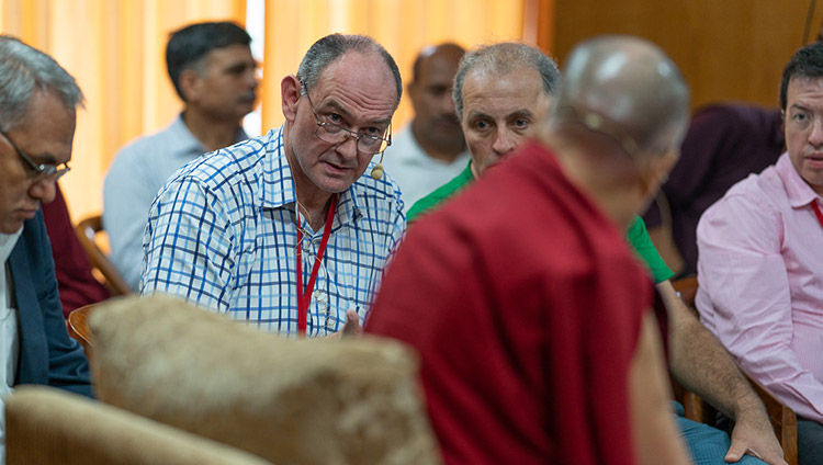 Moderator Scott Webster summmarizing the previous sessions of the conference on Human Education in the Third Millennium to His Holiness the Dalai Lama and observers at His Holiness's residence in Dharamsala, HP, India on July 8, 2019. Photo by Tenzin Choejor Moderator Scott Webster summmarizing the previous sessions of the conference on Human Education in the Third Millennium to His Holiness the Dalai Lama and observers at His Holiness's residence in Dharamsala, HP, India on July 8, 2019. Photo by Tenzin Choejor