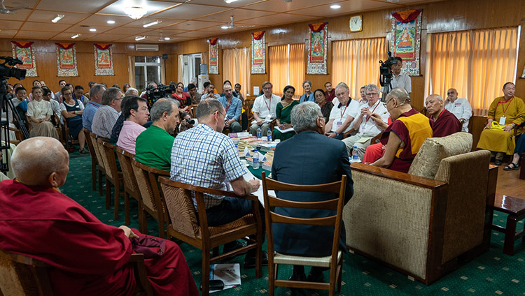 His Holiness the Dalai Lama speaking to educators participating in the conference on Human Education in the Third Millennium duing their meeting at his residence in Dharamsala, HP, India on July 8, 2019. His Holiness the Dalai Lama speaking to educators participating in the conference on Human Education in the Third Millennium duing their meeting at his residence in Dharamsala, HP, India on July 8, 2019.