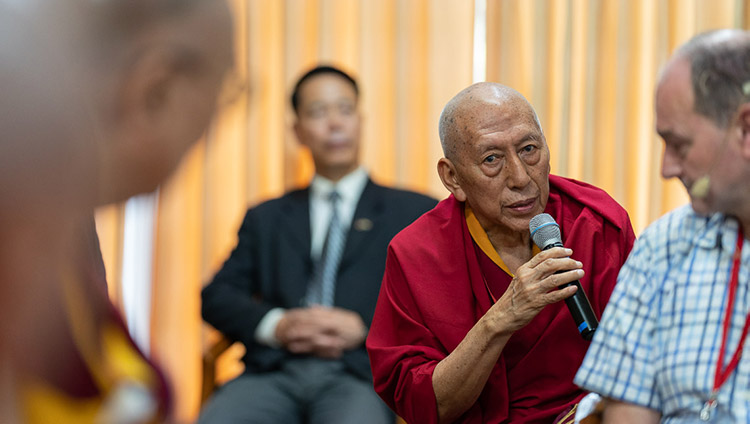 Ven Samdhong Rinpoche talking about the upcoming teacher training course in conjunction with Dharamsala College during the meeting with participants to the conference on Human Education in the Third Millennium at His Holiness the Dalai Lama's residence in Dharamsala, HP, India on July 8, 2019. Photo by Tenzin Choejor Ven Samdhong Rinpoche talking about the upcoming teacher training course in conjunction with Dharamsala College during the meeting with participants to the conference on Human Education in the Third Millennium at His Holiness the Dalai Lama's residence in Dharamsala, HP, India on July 8, 2019. Photo by Tenzin Choejor