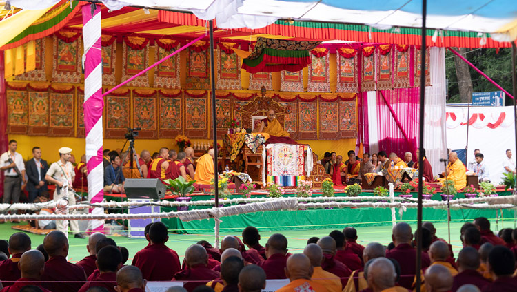 A view of the stage on the first day of His Holiness the Dalai Lama's teachings in Manali, HP, India on August 13, 2019. Photo by Tenzin Choejor A view of the stage on the first day of His Holiness the Dalai Lama's teachings in Manali, HP, India on August 13, 2019. Photo by Tenzin Choejor