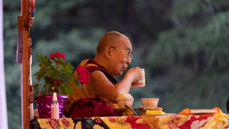 His Holiness the Dalai Lama enjoying a cup of tea during a break on the first day of his teachings in Manali, HP, India on August 13, 2019. Photo by Tenzin Choejor His Holiness the Dalai Lama enjoying a cup of tea during a break on the first day of his teachings in Manali, HP, India on August 13, 2019. Photo by Tenzin Choejor