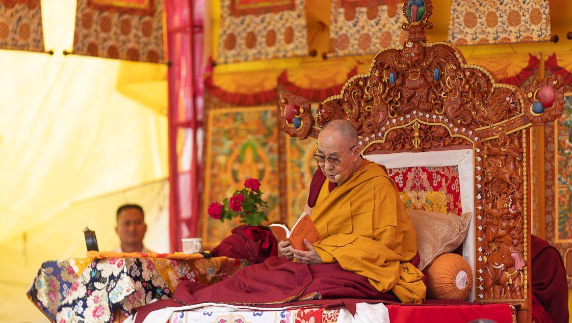 His Holiness the Dalai Lama talking about the texts he will cover during his teachings in Manali, HP, India on August 13, 2019. Photo by Tenzin Choejor His Holiness the Dalai Lama talking about the texts he will cover during his teachings in Manali, HP, India on August 13, 2019. Photo by Tenzin Choejor