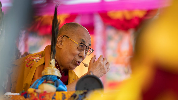 His Holiness the Dalai Lama giving an introductory talk before the actual Empowerment of Mahakarunika Lokeshvara in Manali, HP, India on August 17, 2019. Photo by Tenzin Choejor His Holiness the Dalai Lama giving an introductory talk before the actual Empowerment of Mahakarunika Lokeshvara in Manali, HP, India on August 17, 2019. Photo by Tenzin Choejor