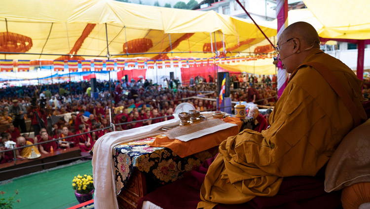 His Holiness the Dalai Lama addressing the crowd during the Empowerment of Mahakarunika Lokeshvara in Manali, HP, India on August 17, 2019. Photo by Tenzin Choejor His Holiness the Dalai Lama addressing the crowd during the Empowerment of Mahakarunika Lokeshvara in Manali, HP, India on August 17, 2019. Photo by Tenzin Choejor