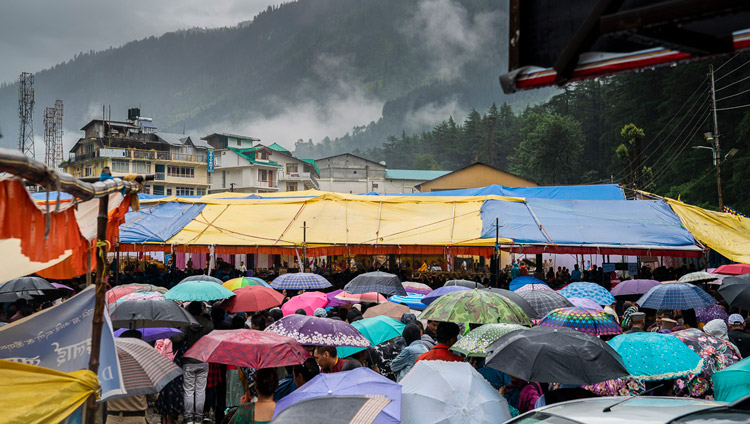 A view of the covered venue with an estimated 8000 people, some using umbrellas to protect agains the rain, during the Empowerment of Mahakarunika Lokeshvara given by His Holiness the Dalai Lama in Manali, HP, India on August 17, 2019. Photo by Tenzin Choejor A view of the covered venue with an estimated 8000 people, some using umbrellas to protect agains the rain, during the Empowerment of Mahakarunika Lokeshvara given by His Holiness the Dalai Lama in Manali, HP, India on August 17, 2019. Photo by Tenzin Choejor