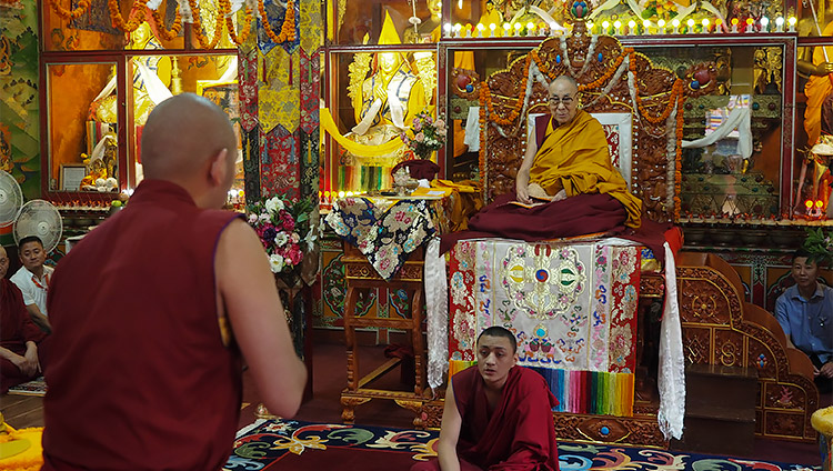 Monks debating in front of His Holiness the Dalai Lama during his visit to Ön Ngari Monastery in Manali, HP, India on August 23, 2019. Photo by Jeremy Russell Monks debating in front of His Holiness the Dalai Lama during his visit to Ön Ngari Monastery in Manali, HP, India on August 23, 2019. Photo by Jeremy Russell