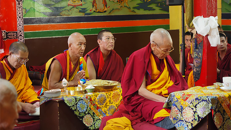 Senior monks listening to His Holiness the Dalai Lama speaking during his visit to Ön Ngari Monastery in Manali, HP, India on August 23, 2019. Photo by Jeremy Russell Senior monks listening to His Holiness the Dalai Lama speaking during his visit to Ön Ngari Monastery in Manali, HP, India on August 23, 2019. Photo by Jeremy Russell