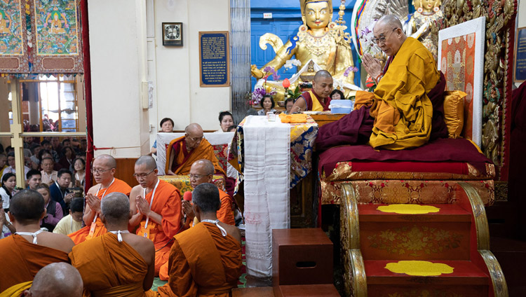 Thai monks chanting a homage to the Buddha in Pali at the start of the first day of His Holiness the Dalai Lama's teachings at the Main Tibetan Temple in Dharamsala, HP, India on September 4, 2019. Photo by Tenzin Choejor Thai monks chanting a homage to the Buddha in Pali at the start of the first day of His Holiness the Dalai Lama's teachings at the Main Tibetan Temple in Dharamsala, HP, India on September 4, 2019. Photo by Tenzin Choejor