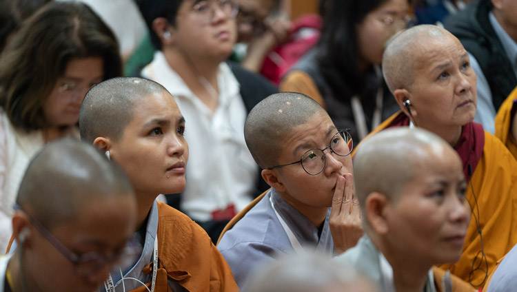 Members of the audience from Asia sitting inside the Main Tibetan Temple listening to His Holiness the Dalai Lama speaking on the first day of his teachings in Dharamsala, HP, India on September 4, 2019. Photo by Tenzin Choejor Members of the audience from Asia sitting inside the Main Tibetan Temple listening to His Holiness the Dalai Lama speaking on the first day of his teachings in Dharamsala, HP, India on September 4, 2019. Photo by Tenzin Choejor