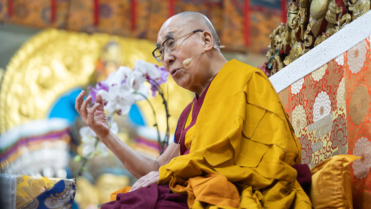 His Holiness the Dalai Lama addressing the gathering on the first day of his teachings at the Main Tibetan Temple in Dharamsala, HP, India on September 4, 2019. Photo by Tenzin Choejor His Holiness the Dalai Lama addressing the gathering on the first day of his teachings at the Main Tibetan Temple in Dharamsala, HP, India on September 4, 2019. Photo by Tenzin Choejor