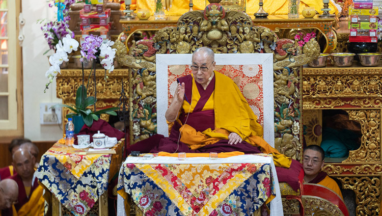 His Holiness the Dalai Lama speaking on the first day of his teachings at the Main Tibetan Temple in Dharamsala, HP, India on September 4, 2019. Photo by Tenzin Choejor His Holiness the Dalai Lama speaking on the first day of his teachings at the Main Tibetan Temple in Dharamsala, HP, India on September 4, 2019. Photo by Tenzin Choejor