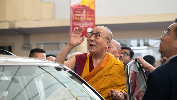 His Holiness the Dalai Lama waving to the crowd as he prepares to depart for his residence at the conclusion of the first day of his teachings at the Main Tibetan Temple in Dharamsala, HP, India on September 4, 2019. Photo by Tenzin Choejor His Holiness the Dalai Lama waving to the crowd as he prepares to depart for his residence at the conclusion of the first day of his teachings at the Main Tibetan Temple in Dharamsala, HP, India on September 4, 2019. Photo by Tenzin Choejor