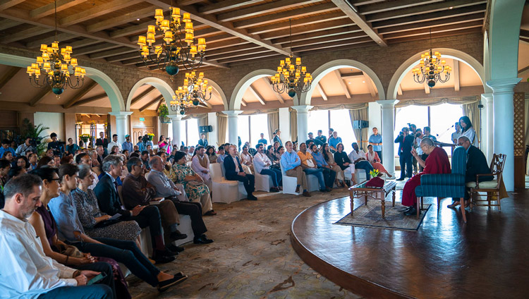 His Holiness the Dalai Lama answering questions from the audience during his meeting with intellectuals, academics and diplomats at the Taj Hotel in New Delhi, India on September 21, 2019. Photo by Tenzin Choejor His Holiness the Dalai Lama answering questions from the audience during his meeting with intellectuals, academics and diplomats at the Taj Hotel in New Delhi, India on September 21, 2019. Photo by Tenzin Choejor