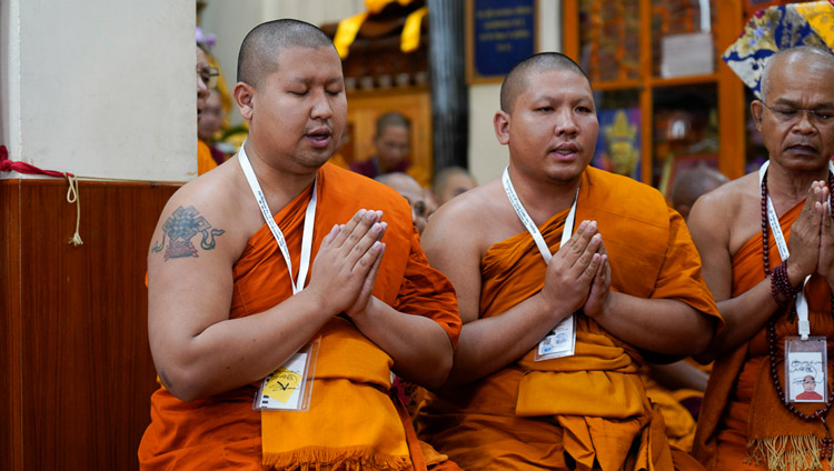 Thai monks reciting the ‘Mangala Sutta’ in Pali at the start of His Holiness the Dalai Lama's teaching at the Main Tibetan Temple in Dharamsala, HP, India on October 3, 2019. Photo by Ven Tenzin Jamphel Thai monks reciting the ‘Mangala Sutta’ in Pali at the start of His Holiness the Dalai Lama's teaching at the Main Tibetan Temple in Dharamsala, HP, India on October 3, 2019. Photo by Ven Tenzin Jamphel