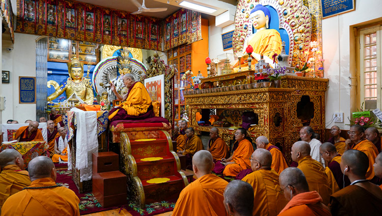 His Holiness the Dalai Lama addressing the gathering on the first day of his teachings at the Main Tibetan Temple in Dharamsala, HP, India on October 3, 2019. Photo by Ven Tenzin Jamphel His Holiness the Dalai Lama addressing the gathering on the first day of his teachings at the Main Tibetan Temple in Dharamsala, HP, India on October 3, 2019. Photo by Ven Tenzin Jamphel