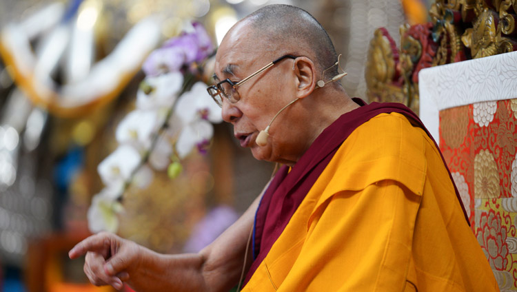 His Holiness the Dalai Lama speaking on the first day of his teachings at the Main Tibetan Temple in Dharamsala, HP, India on October 3, 2019. Photo by Ven Tenzin Jamphel His Holiness the Dalai Lama speaking on the first day of his teachings at the Main Tibetan Temple in Dharamsala, HP, India on October 3, 2019. Photo by Ven Tenzin Jamphel