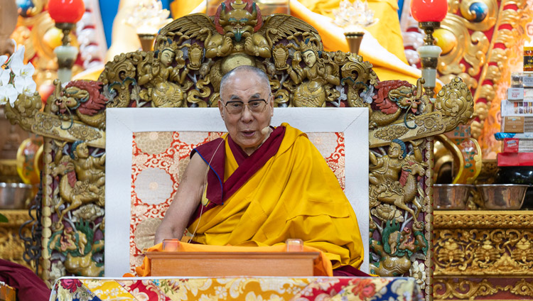 His Holiness the Dalai Lama spaking on the secon day of teachings at the Main Tibetan Temple in Dharamsala, HP, India on October 4, 2019. Photo by Ven Tenzin Jamphel