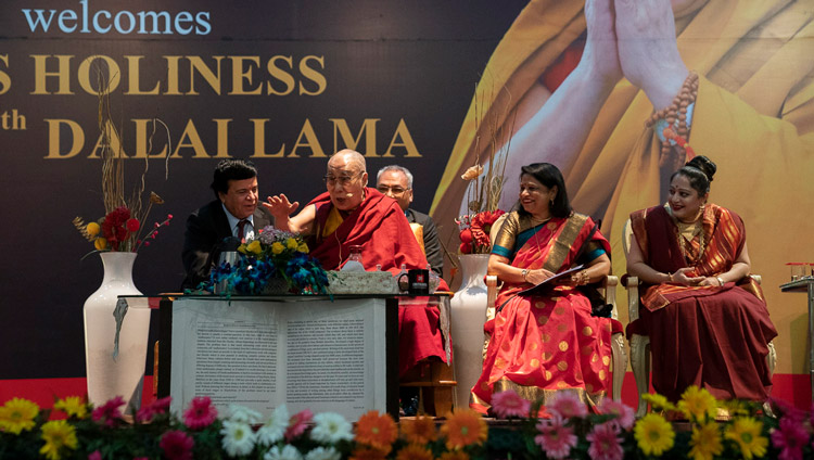 His Holiness the Dalai Lama speaking at the inauguration of Chitkara University’s 11th Global Week in Chandigarh, India on October 14, 2019. Photo by Tenzin Choejor His Holiness the Dalai Lama speaking at the inauguration of Chitkara University’s 11th Global Week in Chandigarh, India on October 14, 2019. Photo by Tenzin Choejor
