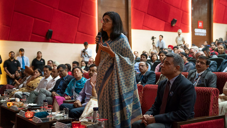 A member of the audience asking His Holiness the Dalai Lama a question during his talk at the inauguration of Chitkara University’s 11th Global Week in Chandigarh, India on October 14, 2019. Photo by Tenzin Choejor A member of the audience asking His Holiness the Dalai Lama a question during his talk at the inauguration of Chitkara University’s 11th Global Week in Chandigarh, India on October 14, 2019. Photo by Tenzin Choejor