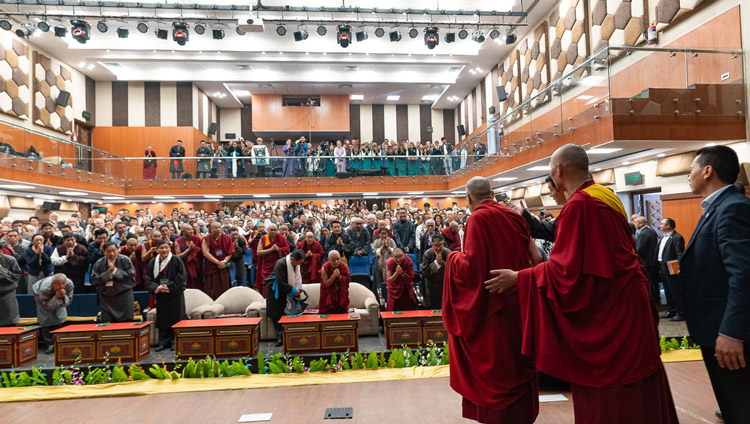 His Holiness the Dalai Lama greeting the audience inside the Tibetan Institute of Performing Arts' new auditorium in Dharamsala, India on October 29, 2019. Photo by Tenzin Choejor His Holiness the Dalai Lama greeting the audience inside the Tibetan Institute of Performing Arts' new auditorium in Dharamsala, India on October 29, 2019. Photo by Tenzin Choejor