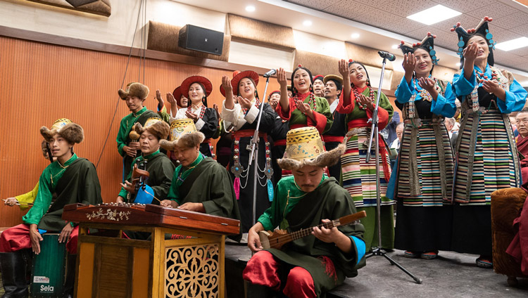 Artists performing a song of gratitude for His Holiness the Dalai Lama during the program celebrating 60 Years of the Tibetan Institute of Performing Arts in Dharamsala, India on October 29, 2019. Photo by Tenzin Choejor Artists performing a song of gratitude for His Holiness the Dalai Lama during the program celebrating 60 Years of the Tibetan Institute of Performing Arts in Dharamsala, India on October 29, 2019. Photo by Tenzin Choejor