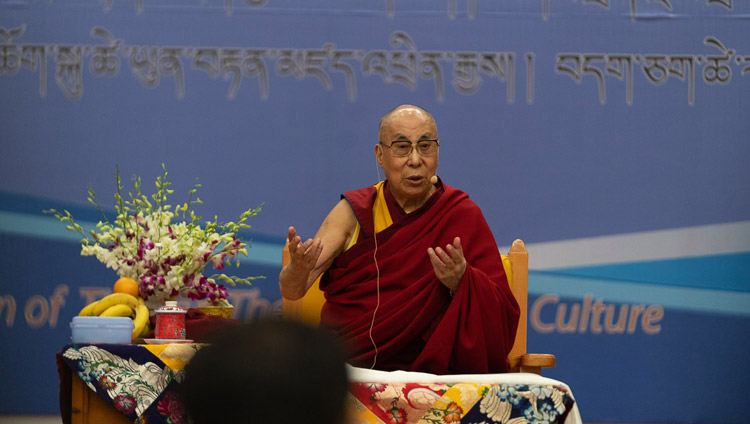 His Holiness the Dalai Lama addressing the audience during the program celebrating 60 Years of the Tibetan Institute of Performing Arts in Dharamsala, India on October 29, 2019. Photo by Tenzin Choejor His Holiness the Dalai Lama addressing the audience during the program celebrating 60 Years of the Tibetan Institute of Performing Arts in Dharamsala, India on October 29, 2019. Photo by Tenzin Choejor