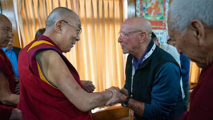 His Holiness the Dalai Lama greeting old friends as he arrives for the first session of the Mind and Life Conversation at his residence in Dharamsala, HP, India on October 30, 2019. Photo by Tenzin Choejor His Holiness the Dalai Lama greeting old friends as he arrives for the first session of the Mind and Life Conversation at his residence in Dharamsala, HP, India on October 30, 2019. Photo by Tenzin Choejor