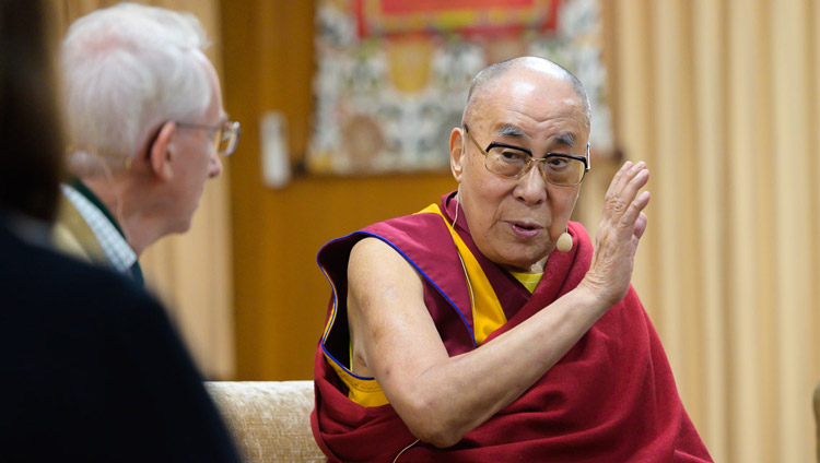 His Holiness the Dalai Lama engaging in conversation with David Sloan Wilson on the first day of the Mind and Life Conversation at his residence in Dharamsala, HP, India on October 30, 2019. Photo by Tenzin Choejor His Holiness the Dalai Lama engaging in conversation with David Sloan Wilson on the first day of the Mind and Life Conversation at his residence in Dharamsala, HP, India on October 30, 2019. Photo by Tenzin Choejor