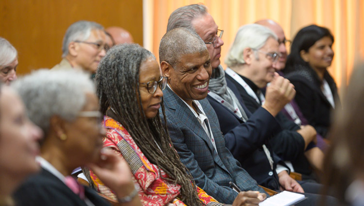 Members of the audience listening to His Holiness the Dalai Lama and David Sloan Wilson on the first day of the Mind and Life Conversation at his residence in Dharamsala, HP, India on October 30, 2019. Photo by Tenzin Choejor Members of the audience listening to His Holiness the Dalai Lama and David Sloan Wilson on the first day of the Mind and Life Conversation at his residence in Dharamsala, HP, India on October 30, 2019. Photo by Tenzin Choejor