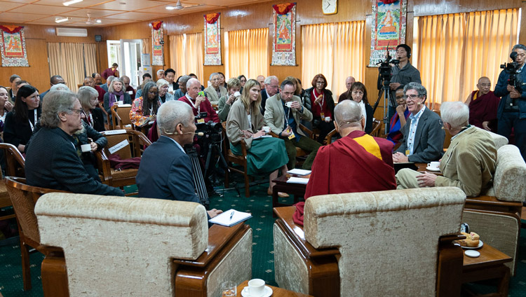 Pariticipants engaging in discsussion after a tea break on the first day of the Mind and Life Conversation with His Holiness the Dalai Lama at his residence in Dharamsala, HP, India on October 30, 2019. Photo by Tenzin Choejor Pariticipants engaging in discsussion after a tea break on the first day of the Mind and Life Conversation with His Holiness the Dalai Lama at his residence in Dharamsala, HP, India on October 30, 2019. Photo by Tenzin Choejor