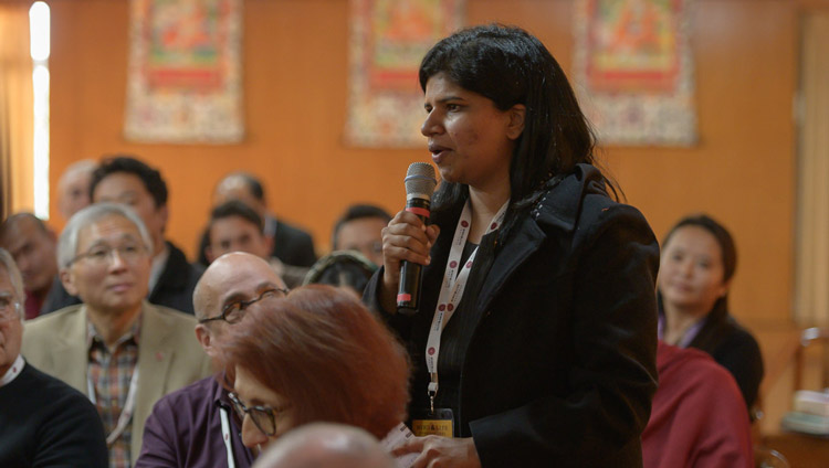 A member of the audience asking a question on the first day of the Mind and Life Conversation with His Holiness the Dalai Lama at his residence in Dharamsala, HP, India on October 30, 2019. Photo by Tenzin Choejor A member of the audience asking a question on the first day of the Mind and Life Conversation with His Holiness the Dalai Lama at his residence in Dharamsala, HP, India on October 30, 2019. Photo by Tenzin Choejor