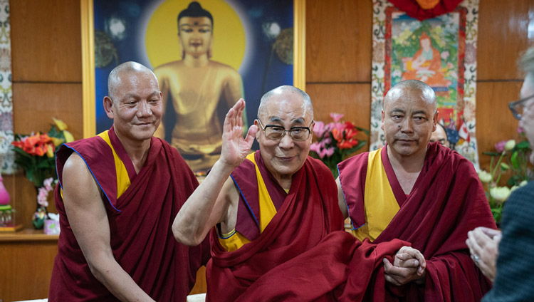 His Holiness the Dalai Lama waving to participants as he prepares to leave the meeting room at the conclusion of the first day of the Mind and Life Conversation at his residence in Dharamsala, HP, India on October 30, 2019. Photo by Tenzin Choejor His Holiness the Dalai Lama waving to participants as he prepares to leave the meeting room at the conclusion of the first day of the Mind and Life Conversation at his residence in Dharamsala, HP, India on October 30, 2019. Photo by Tenzin Choejor