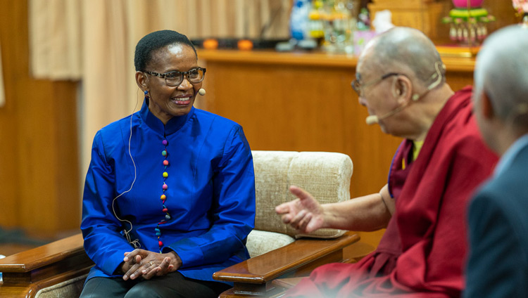 His Holiness the Dalai Lama with Pumla Gobodo-Madikizela on the second day of the Mind & Life Conversations at his residence in Dharamsala, HP, India on November 1, 2019. Photo by Tenzin Choejor His Holiness the Dalai Lama with Pumla Gobodo-Madikizela on the second day of the Mind & Life Conversations at his residence in Dharamsala, HP, India on November 1, 2019. Photo by Tenzin Choejor