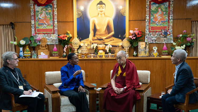 Moderator Aron Stern, Pumla Gobodo-Madikizela, His Holiness the Dalai Lama and Thupten Jimpa, His Holiness's interpreter, on the second day of the Mind & Life Conversations at His Holiness's residence in Dharamsala, HP, India on November 1, 2019. Photo by Tenzin Choejor Moderator Aron Stern, Pumla Gobodo-Madikizela, His Holiness the Dalai Lama and Thupten Jimpa, His Holiness's interpreter, on the second day of the Mind & Life Conversations at His Holiness's residence in Dharamsala, HP, India on November 1, 2019. Photo by Tenzin Choejor