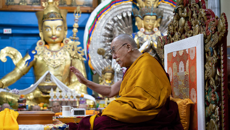 His Holiness the Dalai Lama addressing the gathering on the second day of teachings at the Main Tibetan Temple in Dharamsala, HP, India on November 5, 2019. Photo by Ven Tenzin Jamphel