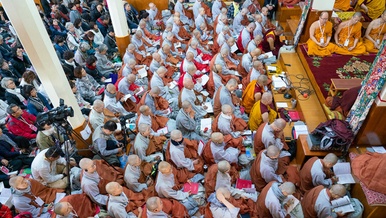 A view of the audience inside the Main Tibetan Temple on the final day of His Holiness the Dalai Lama's teachings requested by a group from Korea in Dharamsala, HP, India on November 6, 2019. Photo by Ven Tenzin Jamphel A view of the audience inside the Main Tibetan Temple on the final day of His Holiness the Dalai Lama's teachings requested by a group from Korea in Dharamsala, HP, India on November 6, 2019. Photo by Ven Tenzin Jamphel