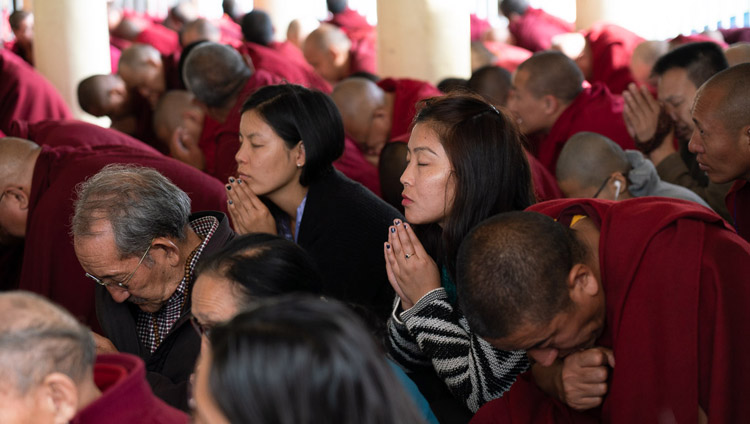 Members of the audience taking the bodhisattva vow on the final day of His Holiness the Dalai Lama's teachings at the Main Tibetan Temple in Dharamsala, HP, India on November 6, 2019. Photo by Ven Tenzin Jamphel Members of the audience taking the bodhisattva vow on the final day of His Holiness the Dalai Lama's teachings at the Main Tibetan Temple in Dharamsala, HP, India on November 6, 2019. Photo by Ven Tenzin Jamphel