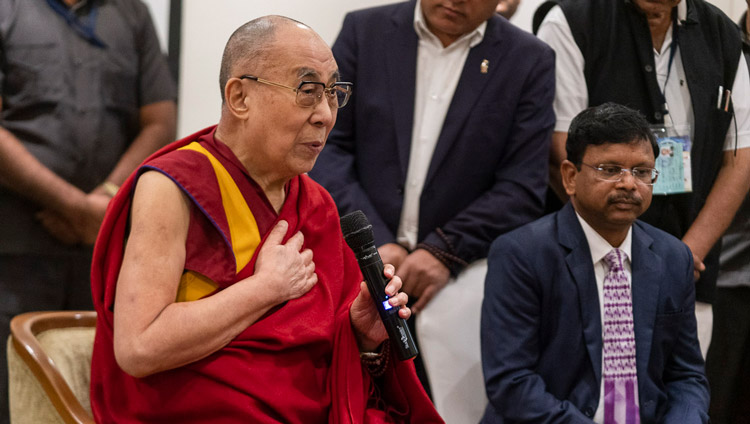 His Holiness the Dalai Lama speaking to members of the media in Aurangabad, Maharashtra, India on November 23, 2019. Photo by Tenzin Choejor His Holiness the Dalai Lama speaking to members of the media in Aurangabad, Maharashtra, India on November 23, 2019. Photo by Tenzin Choejor