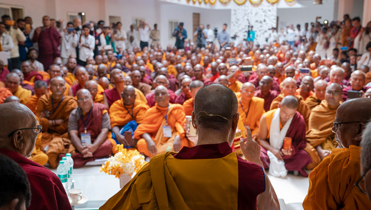 His Holiness the Dalai Lama speaking to more than 150 Bhikkus and guests at the Lokuttara International Bhikku Training Center in Aurangabad, Maharashtra, India on November 23, 2019. Photo by Tenzin Choejor His Holiness the Dalai Lama speaking to more than 150 Bhikkus and guests at the Lokuttara International Bhikku Training Center in Aurangabad, Maharashtra, India on November 23, 2019. Photo by Tenzin Choejor