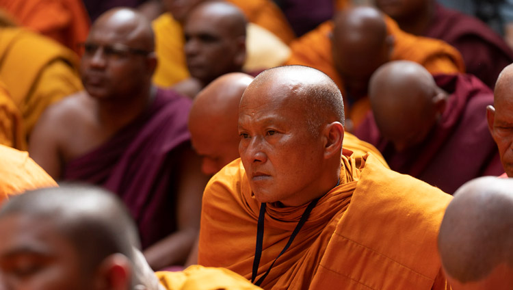 Bhikkus in the audience listening to His Holiness the Dalai Lama speaking at the Lokuttara International Bhikku Training Center in Aurangabad, Maharashtra, India on November 23, 2019. Photo by Tenzin Choejor Bhikkus in the audience listening to His Holiness the Dalai Lama speaking at the Lokuttara International Bhikku Training Center in Aurangabad, Maharashtra, India on November 23, 2019. Photo by Tenzin Choejor